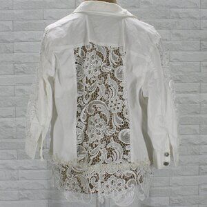 HAND CRAFTED Jacket Denim Upcycled Lace Pearl Trim Floral White Plus Size 16